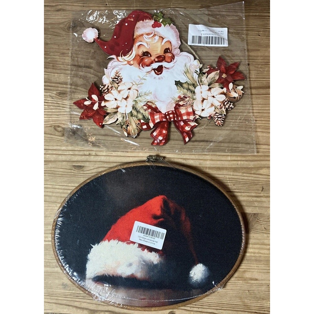 Vintage Retro Inspired Christmas Decor Lot Of 2 Art Wall Hangings Santa + Hat